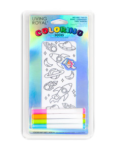 A package of white socks with black line art of space objects and rockets with four fabric markers in pastel colors A package of white socks with black line art of space objects and rockets with four fabric markers in pastel colors