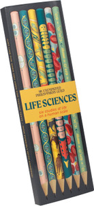A box with a photo of six pencils with various art designs featuring botany, biology, and chemistry A box with a photo of six pencils with various art designs featuring botany, biology, and chemistry