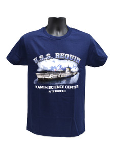 A navy blue t-shirt with an illustration of the USS Requin Submarine docked on the front with the Kamin Science Center Logo underneath A navy blue t-shirt with an illustration of the USS Requin Submarine docked on the front with the Kamin Science Center Logo underneath