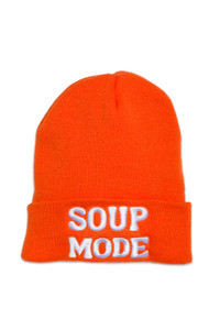Red knit beanie, white embroidered text "soup mode" Red knit beanie, white embroidered text "soup mode"