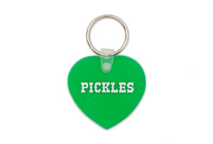 Green heart shaped keychain, text in white "pickles". Green heart shaped keychain, text in white "pickles".