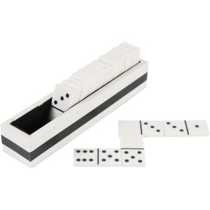 Set of Dominoes in a white and black striped holder.