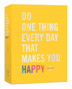 Yellow book with white and holographic text " do one thing every day that makes you happy" Yellow book with white and holographic text " do one thing every day that makes you happy"