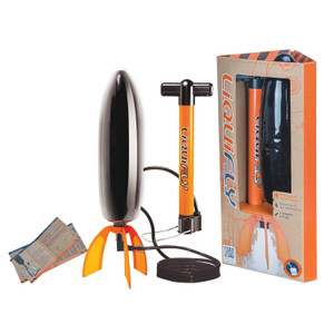 A water rocket kit displayed with the included air pump and instructions A water rocket kit displayed with the included air pump and instructions