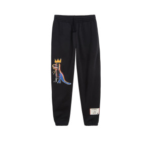 Black sweatpants, Pez Dispenser artwork by Basquiat on the right leg, left leg a small sewn in patch. Black sweatpants, Pez Dispenser artwork by Basquiat on the right leg, left leg a small sewn in patch.