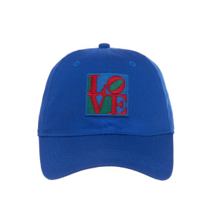 Blue dad cap, 'Love" artwork patch in the front. Blue dad cap, 'Love" artwork patch in the front.
