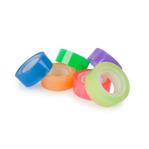 A display of six neon tapes in blue, orange, pink, green purple and light green. A display of six neon tapes in blue, orange, pink, green purple and light green.