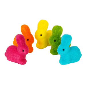 Five flocked bunnies shown in rainbow colors, red, orange yellow, green and blue. Five flocked bunnies shown in rainbow colors, red, orange yellow, green and blue.