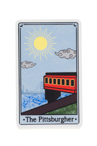 Rectangular sticker, illustration of the Pittsburgh incline, a sun and clouds, text " the Pittsburgher".