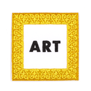Square embroidered patch frame in gold and black centered text, "art". Square embroidered patch frame in gold and black centered text, "art".