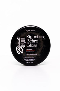 packaging of beard gloss, round black metal container with the product name across front packaging of beard gloss, round black metal container with the product name across front