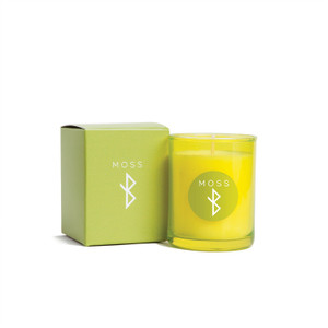 candle and outer packaging. both are a pale green with the word "moss" across the center and a symbol that looks like the bluetooth logo without the lower stick under the word candle and outer packaging. both are a pale green with the word "moss" across the center and a symbol that looks like the bluetooth logo without the lower stick under the word