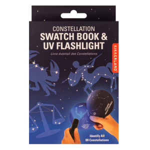 A box with a photograph of a hand using a UV flashlight on a circular, glow-in-the-dark card deck of 88 constellations. A box with a photograph of a hand using a UV flashlight on a circular, glow-in-the-dark card deck of 88 constellations.