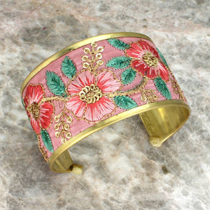 Cuff Bracelet with Soft Pink Floral Embordered decoration Cuff Bracelet with Soft Pink Floral Embordered decoration