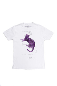 A white t-shirt with a drawing of a purple cat with the title "25 Cats Name Sam". A white t-shirt with a drawing of a purple cat with the title "25 Cats Name Sam".