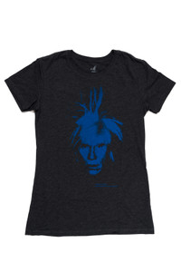 A dark heathered gray t-shirt with a blue Self Portrait of Warhol in a "fright" wig. A dark heathered gray t-shirt with a blue Self Portrait of Warhol in a "fright" wig.