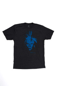 A dark heathered gray t-shirt with a blue face. A dark heathered gray t-shirt with a blue face.