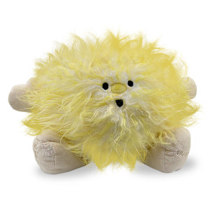 A fluffy, round yellow plush of a star with a small face and white hands and shoes
