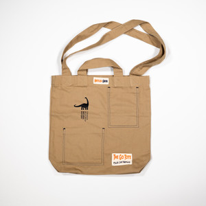tote bag with both sizes of handles laid flat, CMNH logo is in upper left corner in black