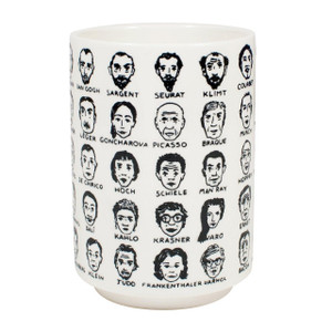 white base cup, embossed with illustration portraits of various artists.