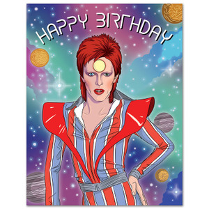 Notecard with an illustration of David Bowie on a galaxy background. Notecard with an illustration of David Bowie on a galaxy background.