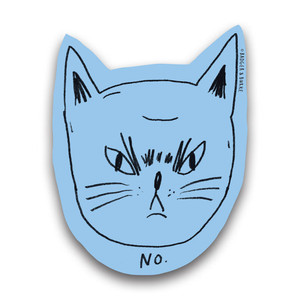 Light blue die cut sticker, cat outline illustration in black, text "no" Light blue die cut sticker, cat outline illustration in black, text "no"