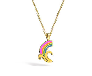 Rainbow banana pendant on a gold chain.