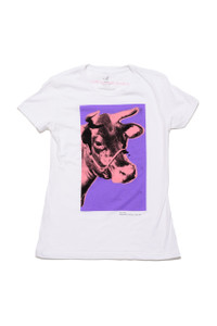 White t-shirt with Warhol art work of a pink cow on a purple background. White t-shirt with Warhol art work of a pink cow on a purple background.