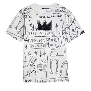 Beat Bop tee, white with black print. Front view. Beat Bop tee, white with black print. Front view.