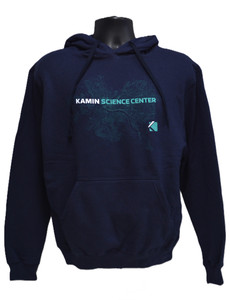 A navy hoodie with an overhead map of downtown Pittsburgh and the Kamin Science Center Logo across the North Shore in light teal
