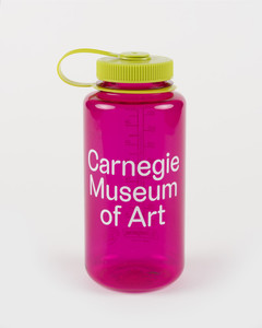 Carnegie museum of art water bottle front view. Color eggplant. Carnegie museum of art water bottle front view. Color eggplant.