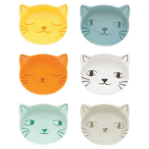 Cat shaped bowls in yellow, blue, orange, white, turquoise, and grey. Cat shaped bowls in yellow, blue, orange, white, turquoise, and grey.