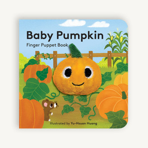 Baby book featuring a pumpkin finger puppet.