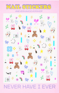 Sticker sheet of nail stickers, images of cute cat, bears, bows and teddy bears. Sticker sheet of nail stickers, images of cute cat, bears, bows and teddy bears.