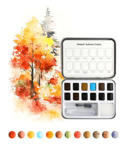 Open box of the watercolor displayed on a background watercolor image. Open box of the watercolor displayed on a background watercolor image.