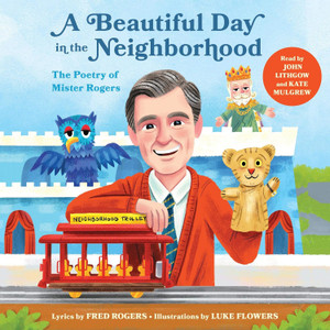 Book cover, illustration of Mister Rogers, holding Daniel the Tiger puppet, and an arm resting on the train. Book cover, illustration of Mister Rogers, holding Daniel the Tiger puppet, and an arm resting on the train.