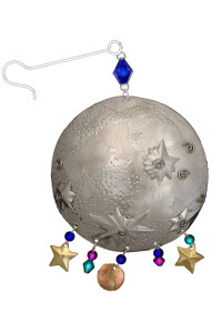 A round metal ornament with a detailed lunar surface and a fringe of stars and beads