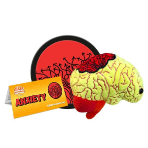 A yellow plush brain with a red thought cloud of confused arrows and a prominent "anxiety" label