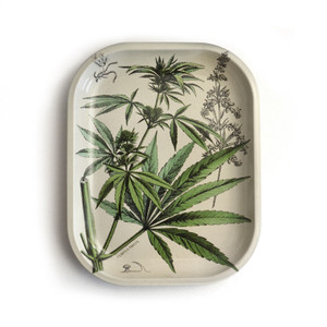 vintage cannabis leaf print on white metal tray