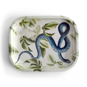 blue snake and leaves vintage print on white metal tray blue snake and leaves vintage print on white metal tray