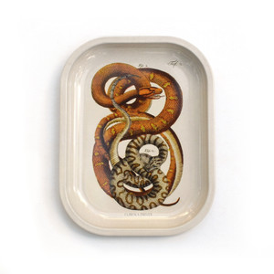 white metal tray with orange and brown snakes print white metal tray with orange and brown snakes print