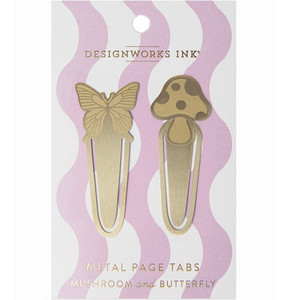 gold brass mushroom and butterfly shaped page tabs on a wavy purple and white background gold brass mushroom and butterfly shaped page tabs on a wavy purple and white background