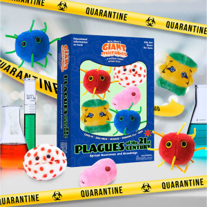 A blue box with five plushies in the shape of modern deadly diseases surrounded by said plushies and "Caution" tape A blue box with five plushies in the shape of modern deadly diseases surrounded by said plushies and "Caution" tape