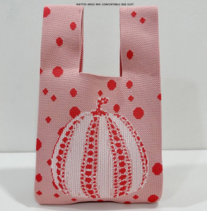 Kusama inspired knit tote featuring Pink Pumpkin. Kusama inspired knit tote featuring Pink Pumpkin.