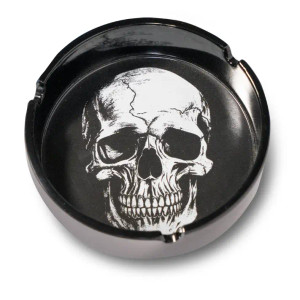 Round black ashtray with Skull imagery in the middle. Round black ashtray with Skull imagery in the middle.
