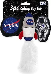 3 NASA themed plush catnip toys attached to a starry cardboard backing 3 NASA themed plush catnip toys attached to a starry cardboard backing