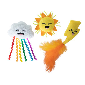 Puur-fect weather cat toy set featuring; cloud with rainbow, smiling sunshine, and lightning bolt with a fuzzy feather. Puur-fect weather cat toy set featuring; cloud with rainbow, smiling sunshine, and lightning bolt with a fuzzy feather.