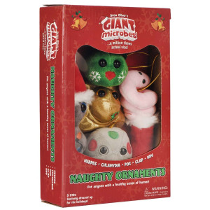 A red box containing five festive plush ornaments of STDs
