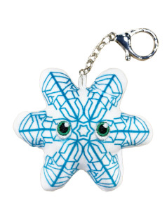 A plush keychain in the shape of a snowflake with a face on the side