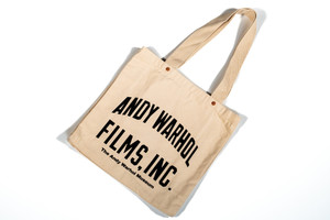 Canvas tote bag, black ink screen printed, text: Andy Warhol Films Inc